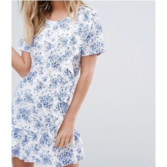 Missguided Sz 0 Mini Dress Floral White Blue Ruffle Toile Chinoiserie - Picture 2 of 10